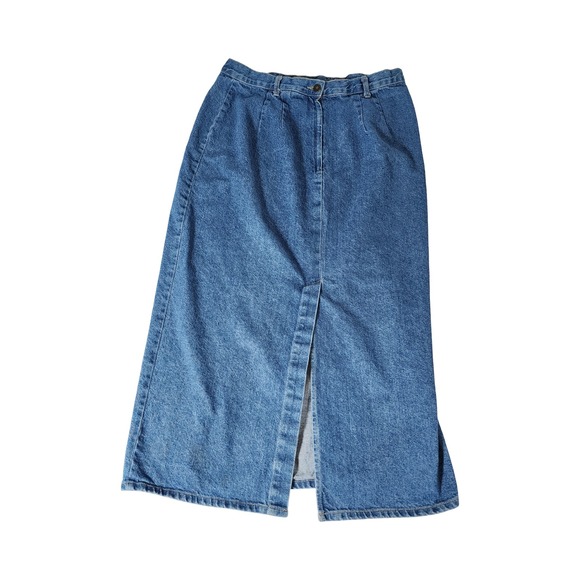 BLUEZONE Dresses & Skirts - BLUEZONE Vintage 90s Denim Maxi Skirt Blue Cotton High Waist Front Slit USA 14W